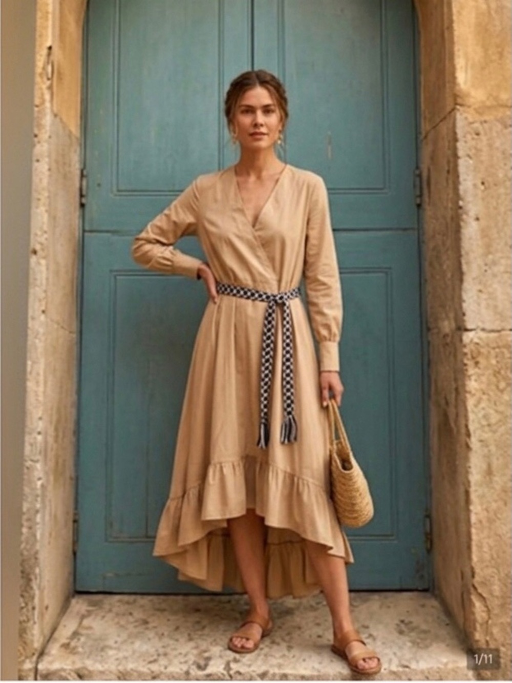 Dixie /DX Collection / Beige V-Neck Cotton High-Low Dress -Italy - Sz L - NWT